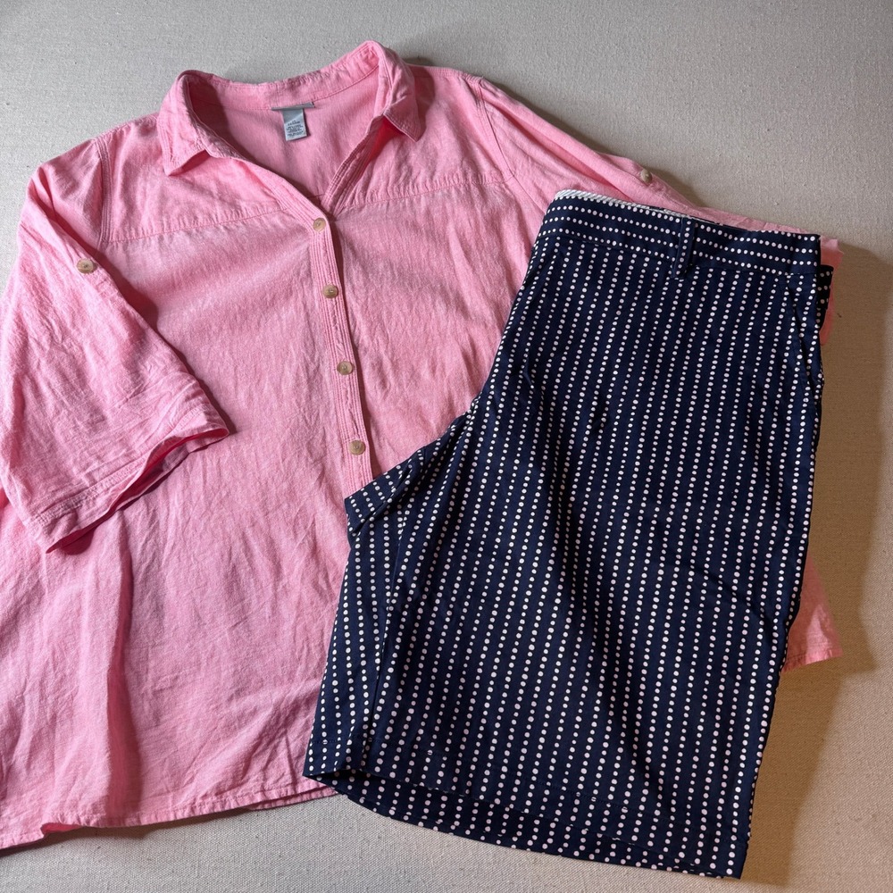 Catherines Pink Linen Blend Shirt & Lands End Navy Polka Dot Shorts Set Size 24